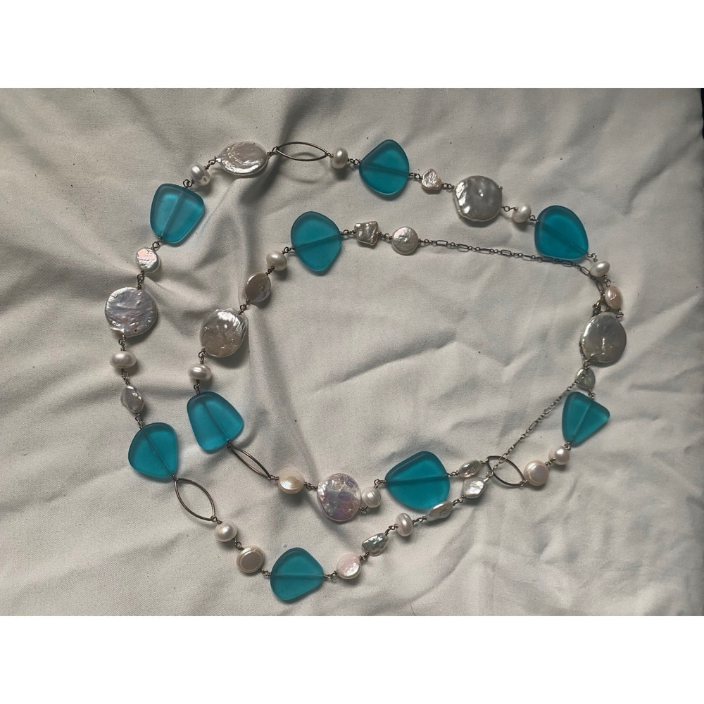 Vintage Long Station Necklace Freshwater Pearl Turquoise Sea Glass Blue 36 Inch